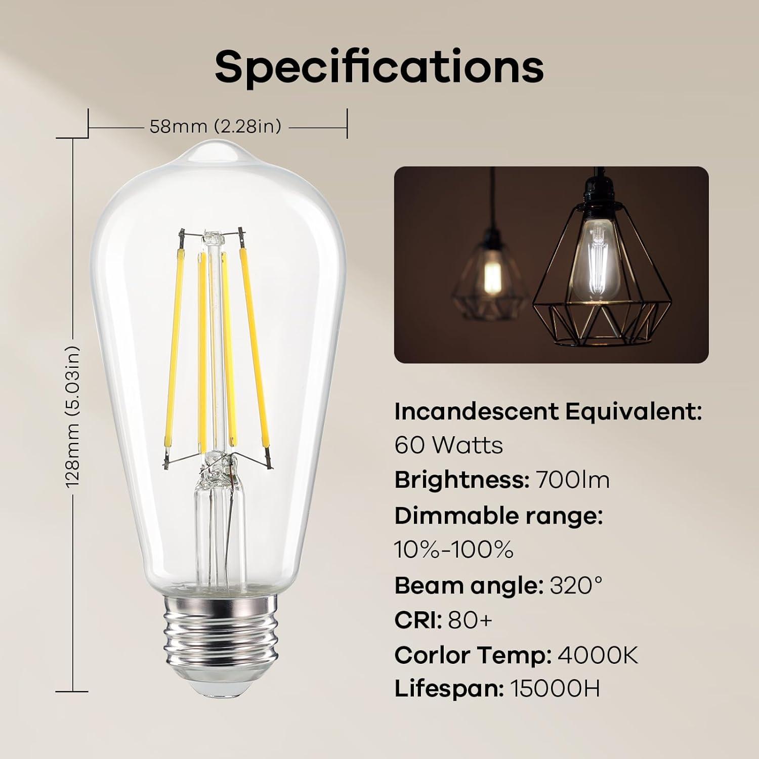 imageLinkind Edison Light Bulbs 60W Equivalent E26 Dimmable Vintage Edison LED Light Bulbs ST58 Antique Decorative Filament LED Bulb 6W 700LM 2700K Soft White CRI80 Clear Glass Light Bulbs 12 PacksCool White