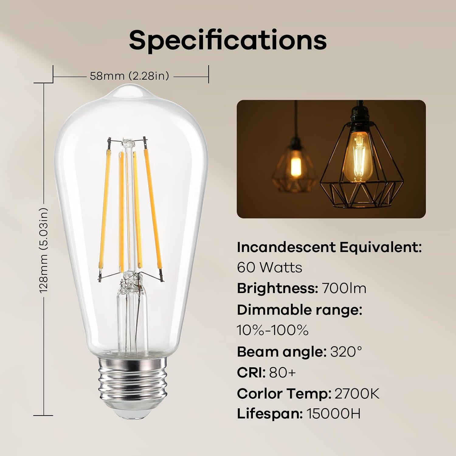 imageLinkind Edison Light Bulbs 60W Equivalent E26 Dimmable Vintage Edison LED Light Bulbs ST58 Antique Decorative Filament LED Bulb 6W 700LM 2700K Soft White CRI80 Clear Glass Light Bulbs 12 PacksSoft White