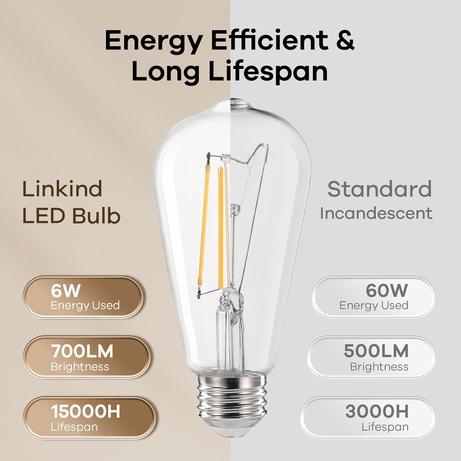 imageLinkind Edison Light Bulbs 60W Equivalent E26 Dimmable Vintage Edison LED Light Bulbs ST58 Antique Decorative Filament LED Bulb 6W 700LM 2700K Soft White CRI80 Clear Glass Light Bulbs 12 PacksSoft White 12pack