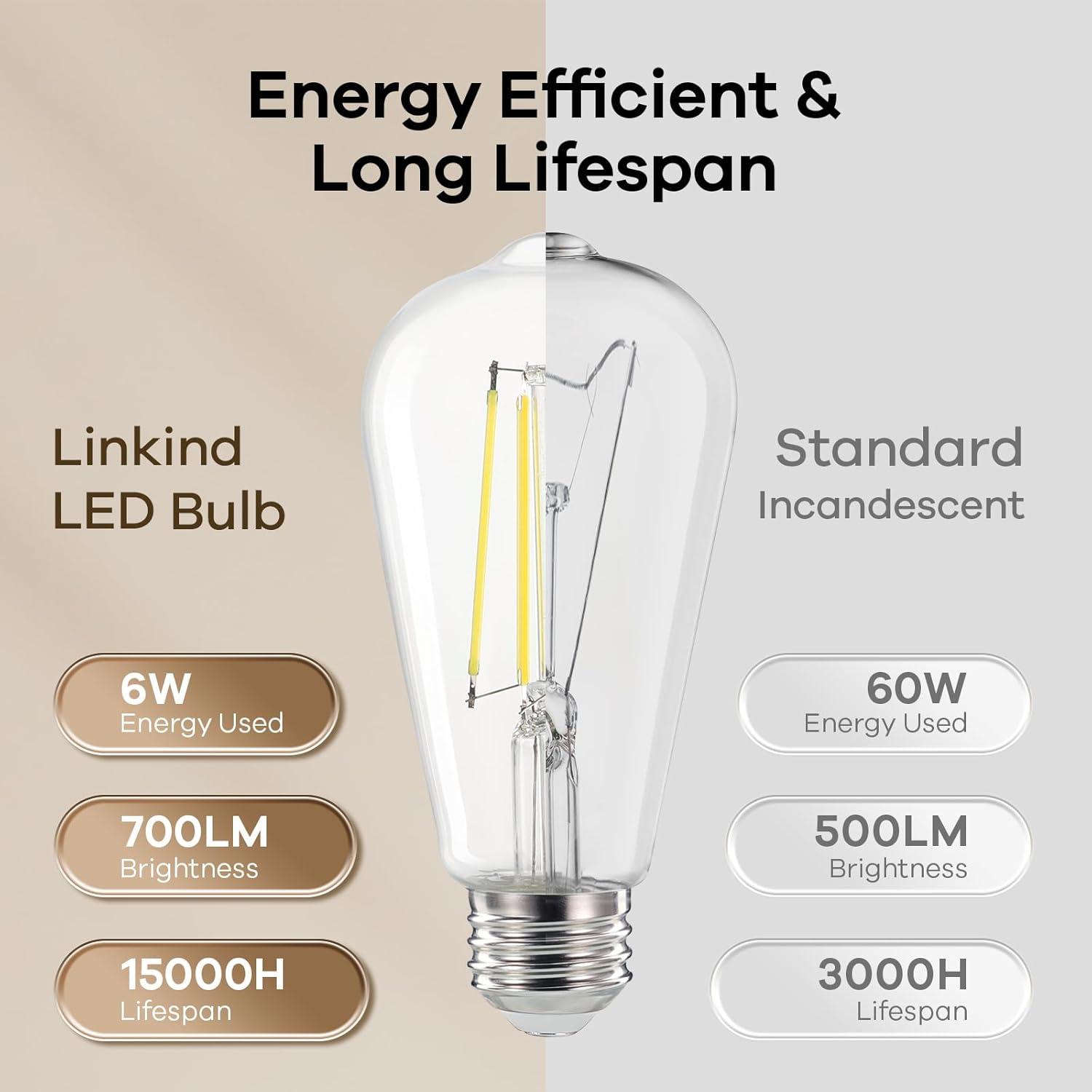 imageLinkind Edison Light Bulbs 60W Equivalent E26 Dimmable Vintage Edison LED Light Bulbs ST58 Antique Decorative Filament LED Bulb 6W 700LM 2700K Soft White CRI80 Clear Glass Light Bulbs 12 PacksCool White