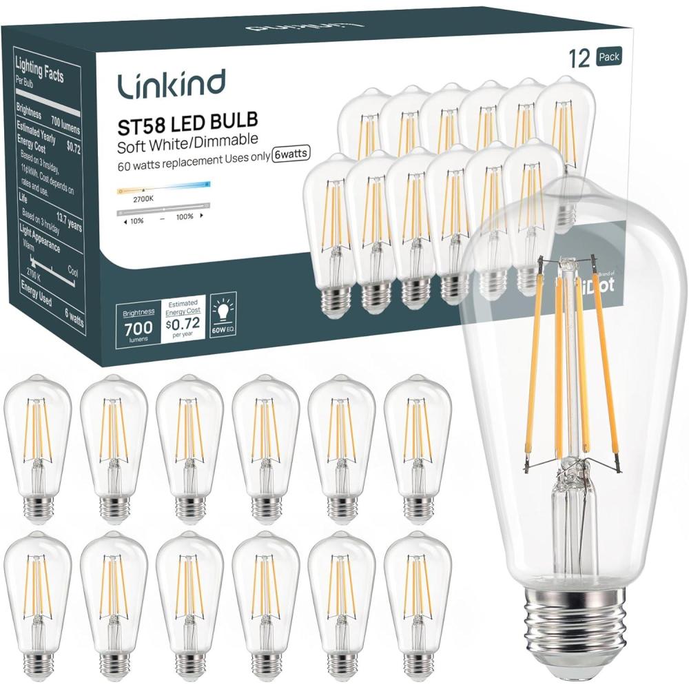 imageLinkind Edison Light Bulbs 60W Equivalent E26 Dimmable Vintage Edison LED Light Bulbs ST58 Antique Decorative Filament LED Bulb 6W 700LM 2700K Soft White CRI80 Clear Glass Light Bulbs 12 PacksSoft White 12pack