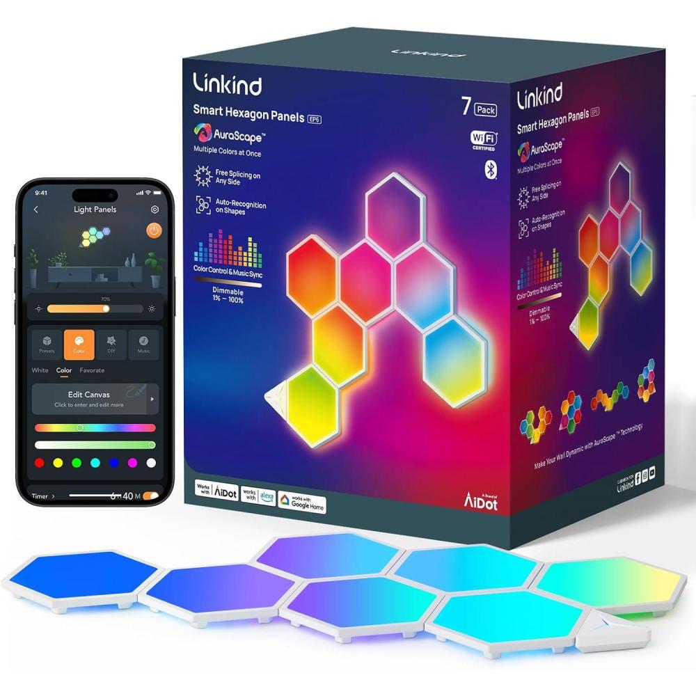 imageLinkind Smart Hexagon Panels MultiColor LED Wall Light Panels Music Sync Indoor Modern Decor Corded 7 Pack