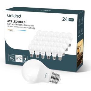 imageLinkind A19 LED Light Bulb 60W Equivalent 2700K Soft White Light Bulbs 800 Lumens 85W NonDimmable LED Bulbs E26 Standard Base Energy Efficient for Bedroom Home Office 6 PacksSoft White60 Watt 24 Pack