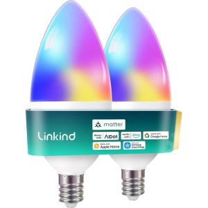imageLinkind Matter Smart Bulbs E12 Led Bulb Works with AlexaApple HomeGoogle Home Smart Light Bulbs WiFi Candelabra B11 Bulbs RGBTW Color Changing Light Bulb 24Ghz WiFi Bulb 470 LM 4 Pack2 PACK
