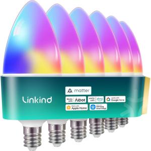 imageLinkind Matter Smart Bulbs E12 Led Bulb Works with AlexaApple HomeGoogle Home Smart Light Bulbs WiFi Candelabra B11 Bulbs RGBTW Color Changing Light Bulb 24Ghz WiFi Bulb 470 LM 4 Pack6 PACK