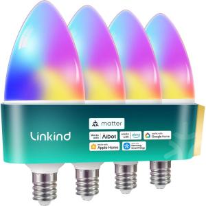 imageLinkind Matter Smart Bulbs E12 Led Bulb Works with AlexaApple HomeGoogle Home Smart Light Bulbs WiFi Candelabra B11 Bulbs RGBTW Color Changing Light Bulb 24Ghz WiFi Bulb 470 LM 4 Pack4 PACK