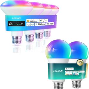 imageLinkind Matter Smart Light Bubs 1600LM 2 Pack Matter Smart Light Bulbs BR30 650LM 4 Pack Work with Apple HomeAlexaSiriGoogle HomeSmartThings