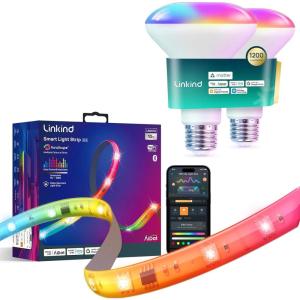 imageLinkind Matter Smart Light Bulb BR30 1200LM 2 Pack and LED Strip Lights RGB 10ft Compatible with Alexa and Google Home
