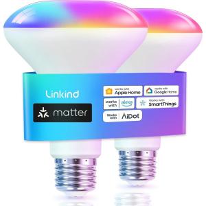 imageLinkind Matter Smart Light Bulb BR30 Smart Bulbs Recessed LED Color Changing Light Bulbs RGBTW E26 Smart Flood Light Bulbs 650LM 60W Work with Alexa Apple Home Google Home SmartThings 4PackGlow Lite 650lm2pk