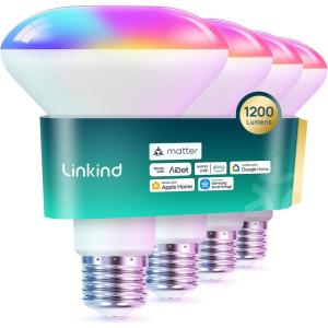 imageLinkind Matter Smart Light Bulb BR30 Smart Bulbs Recessed LED Color Changing Light Bulbs RGBTW E26 Smart Flood Light Bulbs 650LM 60W Work with Alexa Apple Home Google Home SmartThings 4PackGlow Pro 1200lm4pk