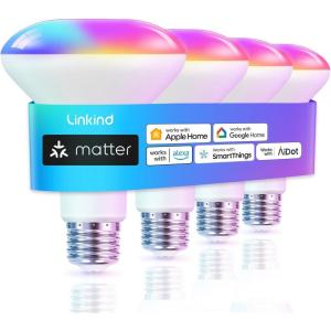 imageLinkind Matter Smart Light Bulb BR30 Smart Bulbs Recessed LED Color Changing Light Bulbs RGBTW E26 Smart Flood Light Bulbs 650LM 60W Work with Alexa Apple Home Google Home SmartThings 4PackGlow Lite 650lm4pk