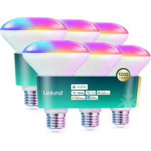 imageLinkind Matter Smart Light Bulb BR30 Smart Bulbs Recessed LED Color Changing Light Bulbs RGBTW E26 Smart Flood Light Bulbs 650LM 60W Work with Alexa Apple Home Google Home SmartThings 4PackGlow Pro 1200lm6pk