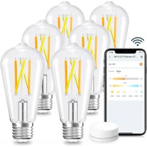 imageLinkind Matter Smart Light Bulb ST19 ST58 Smart Edison Bulbs 2700K6500K E26 LED Bulb 8W 60W 800LM Edison Light Bulb Work with Alexa Google Home Apple Home SmartThings 24GHz WiFi 4Pack6 Pack ST19 with Remote
