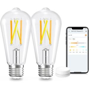 imageLinkind Matter Smart Light Bulb ST19 ST58 Smart Edison Bulbs 2700K6500K E26 LED Bulb 8W 60W 800LM Edison Light Bulb Work with Alexa Google Home Apple Home SmartThings 24GHz WiFi 4Pack2 Pack ST19 with Remote
