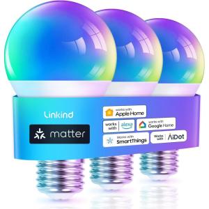 imageLinkind Matter Smart Light Bulb Smart Bulbs Work with Apple Home Siri Alexa Google Home SmartThings Color Changing Light Bulbs RGTBW Music Sync Mood Lights 24Ghz WiFi A19 E26 60W 800LM 3 Pack3 Pack