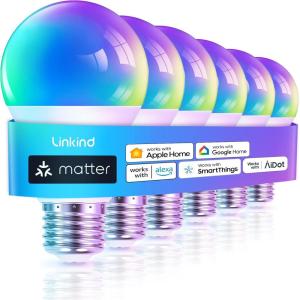 imageLinkind Matter Smart Light Bulb Smart Bulbs Work with Apple Home Siri Alexa Google Home SmartThings Color Changing Light Bulbs RGTBW Music Sync Mood Lights 24Ghz WiFi A19 E26 60W 800LM 3 Pack6 Pack