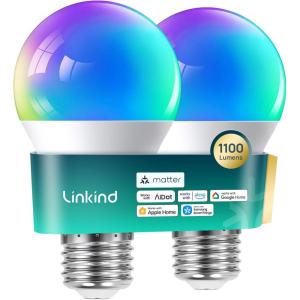 imageLinkind Matter Smart Light Bulb Smart Bulbs Work with Apple Home Siri Alexa Google Home SmartThings Color Changing Light Bulbs RGTBW Music Sync Mood Lights 24Ghz WiFi A19 E26 60W 800LM 3 Pack2 Pack 75W
