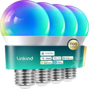imageLinkind Matter Smart Light Bulb Smart Bulbs Work with Apple Home Siri Alexa Google Home SmartThings Color Changing Light Bulbs RGTBW Music Sync Mood Lights 24Ghz WiFi A19 E26 60W 800LM 3 Pack4 Pack 75W