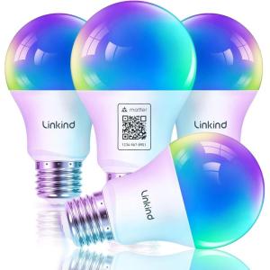 imageLinkind Matter Smart Light Bulb Smart Bulbs Work with Apple HomeSiriAlexaGoogle HomeSmartThings LED Color Changing Light Music Sync RGTBW Smart Home 60W 800LM A19 E26 24Ghz WiFi Only 2 Pack4 Pack Matterenabled