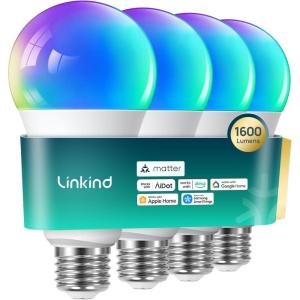 imageLinkind Matter Smart Light Bulb Smart Bulbs Work with Apple HomeSiriAlexaGoogle HomeSmartThings LED Color Changing Light Music Sync RGTBW Smart Home 60W 800LM A19 E26 24Ghz WiFi Only 2 Pack4 Pack 100W