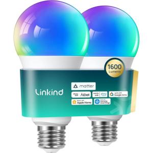 imageLinkind Matter Smart Light Bulb Smart Bulbs Work with Apple HomeSiriAlexaGoogle HomeSmartThings LED Color Changing Light Music Sync RGTBW Smart Home 60W 800LM A19 E26 24Ghz WiFi Only 2 Pack2 Pack 100W