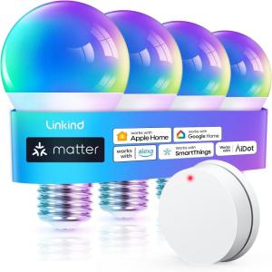 imageLinkind Matter Smart Light Bulb Smart Bulbs Work with Apple HomeSiriAlexaGoogle HomeSmartThings LED Color Changing Light Music Sync RGTBW Smart Home 60W 800LM A19 E26 24Ghz WiFi Only 2 Pack4 Pack MatterButton