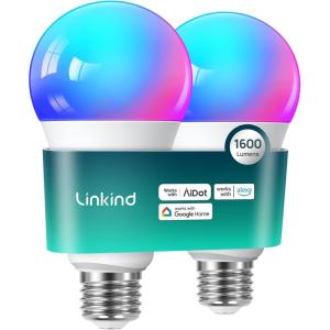 imageLinkind Smart Light Bulbs 1600LM 100W Equivalent Smart Bulb Work with Alexa ampamp Google Home RGBTW Color Changing Bulb Music Sync 24GHz WiFi ampamp Bluetooth LED Alexa Light Bulbs 14W A21 E26 2Pack2 Pack 100W
