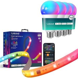 imageLinkind Smart Light Bulbs 1600LM 4 Pack and LED Strip Lights RGB 10ft Compatible with Alexa and Google Home