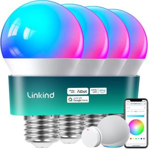 imageLinkind Smart Light Bulbs Smart Bulb That Work with Alexa ampamp Google Home LED Light Color Changing A19 E26 WiFi Light Bulb Dimmable RGBTW Alexa Bulb No Hub Needed 800 Lumen 24Ghz WiFi 6 Pack4 Pack with Remote