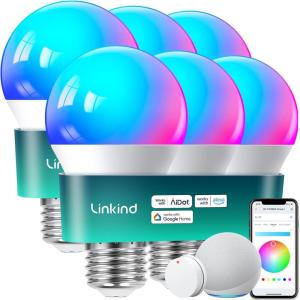 imageLinkind Smart Light Bulbs Smart Bulb That Work with Alexa ampamp Google Home LED Light Color Changing A19 E26 WiFi Light Bulb Dimmable RGBTW Alexa Bulb No Hub Needed 800 Lumen 24Ghz WiFi 6 Pack6 Pack with Remote