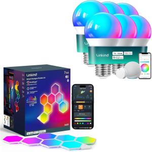 imageLinkind WiFi Smart Light Bulbs 6 Pack with Remote Control and Smart Hexagon Lights 7 Pack Compatible with Alexa and Google Home