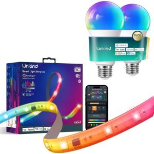 imageLinkind Matter Smart Light Bulb 2 Pack 1600LM 100W and LED Strip Lights RGB 10ft Compatible with Alexa and Google Home