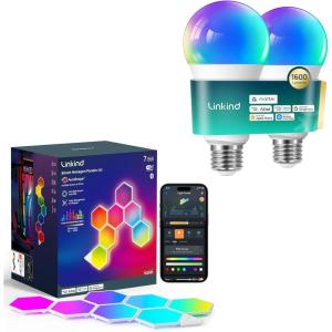 imageLinkind Matter Smart Light Bulb 2 Pack 1600LM 100W and Smart Hexagon Lights 7 Pack Compatible with Alexa and Google Home