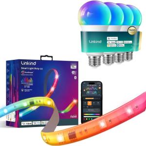 imageLinkind Matter Smart Light Bulb 4 Pack 1600LM 100W and LED Strip Lights RGB 10ft Compatible with Alexa and Google Home
