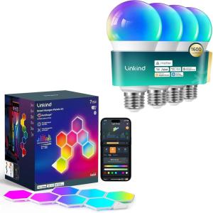 imageLinkind Matter Smart Light Bulb 4 Pack 1600LM 100W and Smart Hexagon Lights 7 Pack Compatible with Alexa and Google Home