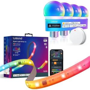 imageLinkind Matter Smart Light Bulb 4 Pack with Remote and LED Strip Lights RGB 10ft Compatible with Alexa and Google Home