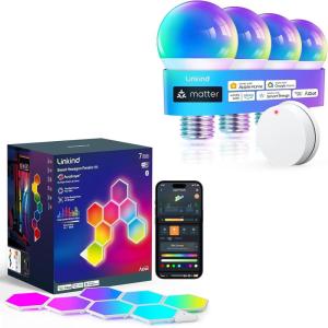 imageLinkind Matter Smart Light Bulb 4 Pack with Remote and Smart Hexagon Lights 7 Pack Compatible with Alexa and Google Home