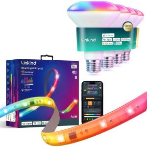 imageLinkind Matter Smart Light Bulb BR30 1200LM 4 Pack and LED Strip Lights RGB 10ft Compatible with Alexa and Google Home