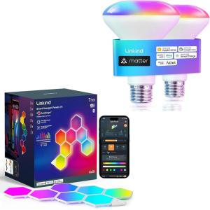 imageLinkind Matter Smart Light Bulb BR30 2 Pack and Smart Hexagon Lights 7 Pack Compatible with Alexa and Google Home