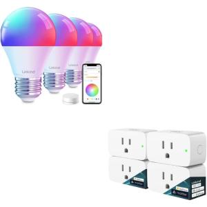 imageLinkind Matter Smart Plug 4 Pack Smart Light Bulbs 4 Pack RGBTW Color Changing Light Bulbs with Remote Control