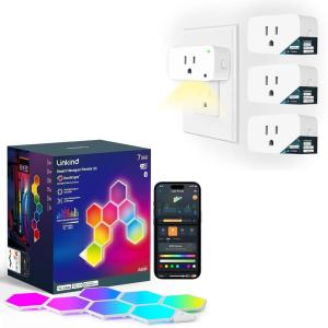 imageLinkind Matter Smart Plug 4 Pack with Light and Smart Hexagon Lights 7 Pack Compatible with Alexa and Google Home