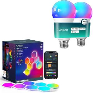 imageLinkind Smart Light Bulbs 1600LM 2 Pack and Smart Hexagon Lights 7 Pack Compatible with Alexa and Google Home