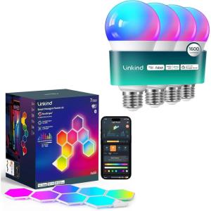 imageLinkind Smart Light Bulbs 1600LM 4 Pack and Smart Hexagon Lights 7 Pack Compatible with Alexa and Google Home