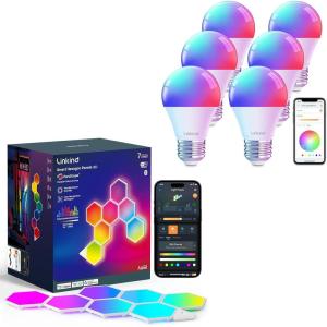 imageLinkind WiFi Smart Light Bulbs 6 Pack and Smart Hexagon Lights 7 Pack Compatible with Alexa and Google Home