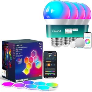 imageLinkind WiFi Smart Light Bulbs 4 Pack with Remote Control and Smart Hexagon Lights 7 Pack Compatible with Alexa and Google Home