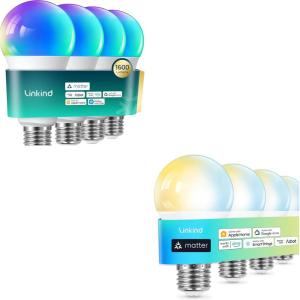 imageLinkind Matter Color Changing Smart Light Bulbs A21 1600LM 4 Pack Bundle with Matter A19 Tunable White Smart Light Bulbs 800LM 4 Pack Work with Apple Home Alexa Google Home