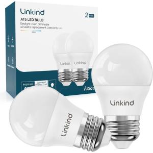 imageLinkind Led Refrigerator Light Bulbs A15 Fridge Light Bulbs 40 Watts Equivalent Waterproof 600LM Appliance Light Bulb 120V Nondimmable 5W LED Bulbs for Freezer E26 Base Daylight 5000K 2 Pack