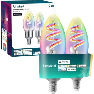 imageLinkind Matter Smart Bulbs E12 Led Edison Bulb Smart Filament Bulbs WiFi Candelabra B11 Bulbs RGBTW Color Changing Light Bulb FCC Listed 24Ghz Only 400LM 1 Pack2 Pack