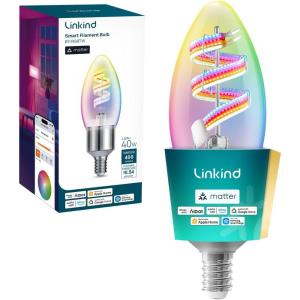 imageLinkind Matter Smart Bulbs E12 Led Edison Bulb Smart Filament Bulbs WiFi Candelabra B11 Bulbs RGBTW Color Changing Light Bulb FCC Listed 24Ghz Only 400LM 1 Pack1 Pack